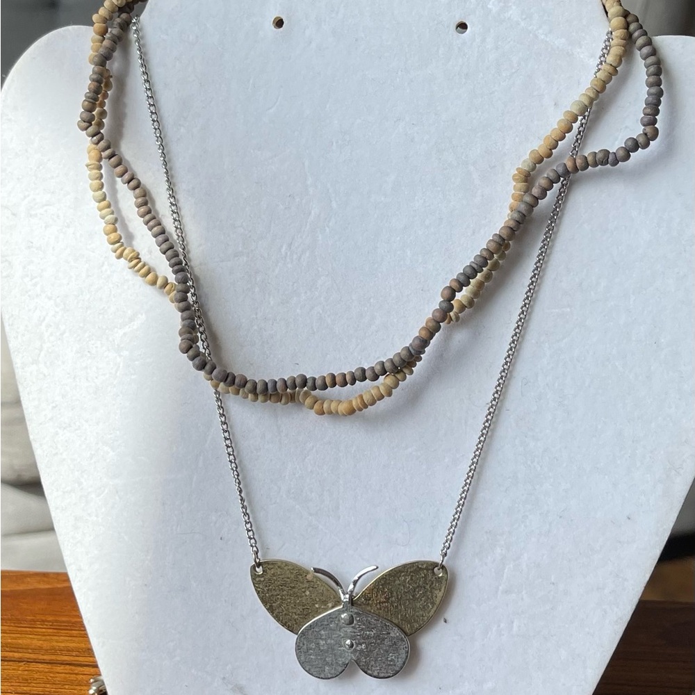 Silver and Gold Butterfly Pendant Necklace and beads